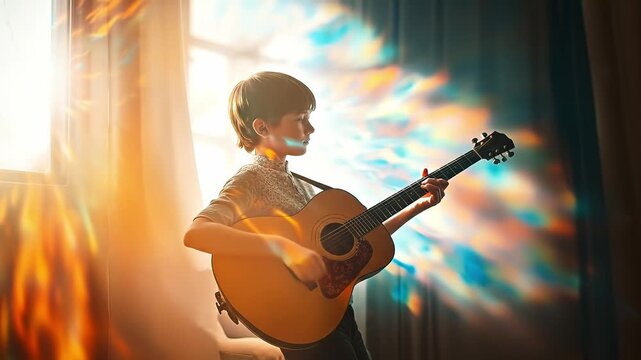 A young boy playing a guitar in front of a window