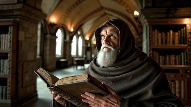 A man in a hooded robe reading a book in a library