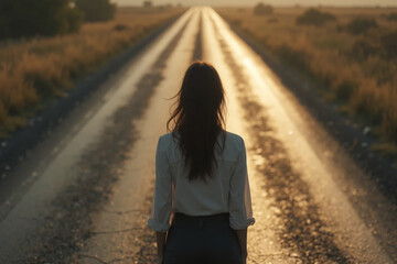 Woman Standing on Long Road Contemplating Destiny and Purpose at Sunset - AI generated
