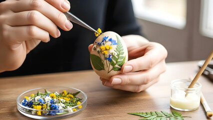 A person decorating an Easter egg with pressed flowers using tweezers. Close-up of a creative handmade spring craft and hobby. DIY holiday preparation