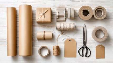 Collection of gift wrapping supplies including kraft paper rolls, ribbons, tape, scissors, and gift tags arranged on white wooden surface