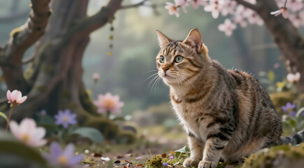 a close-up of a cat sitting on a moss-covered rock in a garden. The cat is a tabby with brown and black stripes and is looking towards the right side of the image.