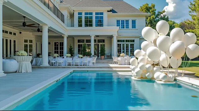 A large white house with a pool and white balloons