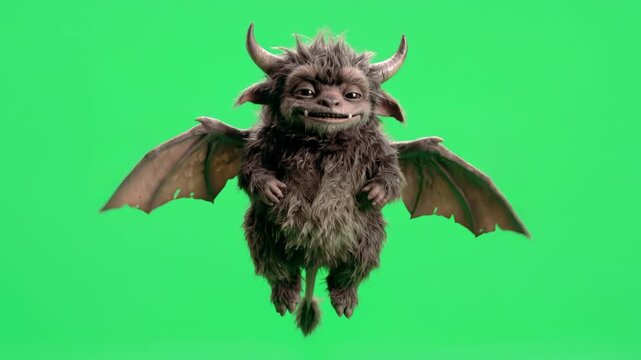 Small horned monster with fur and bat-like wings flies on a green screen background. Lockdown shot for visual effects.