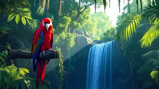 A red parrot sitting on a branch in front of a waterfall