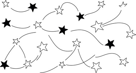 Whimsical handdrawn black and white stars connected by lines creating an abstract network pattern ideal for graphic design projects