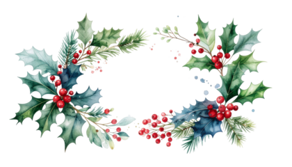 Watercolor Christmas frame with holly leaves, red berries, and pine branches. Hand-painted winter holiday decoration element for festive design, isolated on a transparent background for easy use.