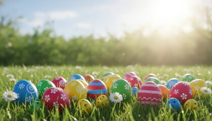 Vibrant, decorated Easter eggs nestled in lush green spring grass with daisies