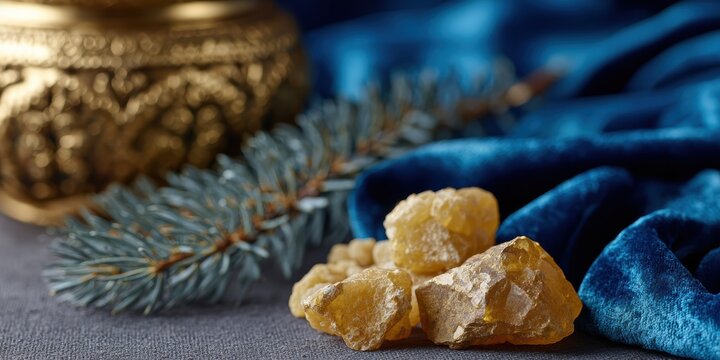 luxurious still life, dramatic lighting on velvet backdrop, focal on textures and materials of gold, frankincense, and myrrh regal-inspired elements in the background evoke the magi