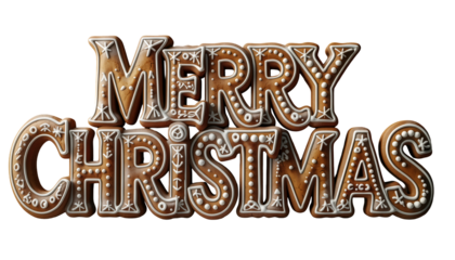 Merry Christmas text made of gingerbread cookies with white icing decoration. Festive holiday typography for winter celebration, isolated on a transparent background. 3D rendered baked goods.