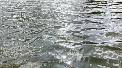 Scenery surface of pond illuminated by sun at summertime. Calm view on sea with small waves at sunny day. Beautiful summer nature landscape. Concept of tranquility scene. Slow motion
