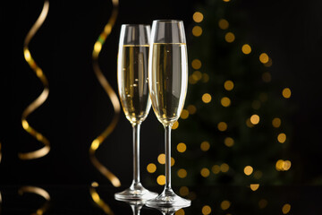 Merry Christmas and Happy New Year. Flute glasses with sparkling wine and serpentine streamers on black background against blurred lights