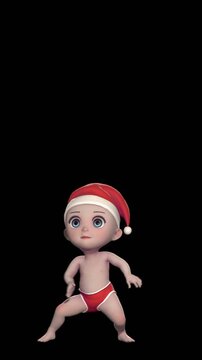 Cute Santa baby dancing with a hat isolated with copy space . Seamless funny Christmas vertical video.