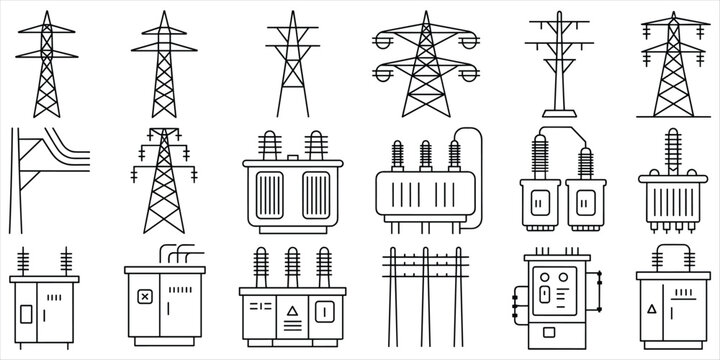 Electrical Power Transmission Towers and Transformers Line Art Icons Keywords: electricity, power, transmission, tower, pylon