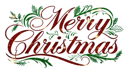 Merry Christmas elegant calligraphic lettering with red and green glitter texture. Festive typography with holly leaves decoration for holiday greetings, isolated on a transparent background.