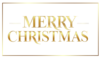 Elegant Merry Christmas greeting text in shiny gold lettering. Festive holiday typography with a classic golden frame, perfect for cards, banners, and decorations. Isolated on a transparent background