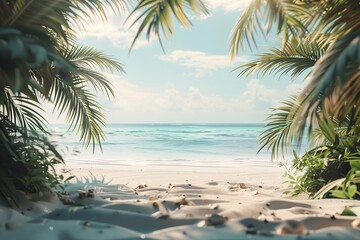 Fototapeta premium Scenic view of a sandy beach framed by palm trees with calm water under a clear sky in the morning