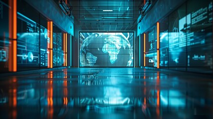 High-tech hallway with glowing screens displaying global data in a modern building at night