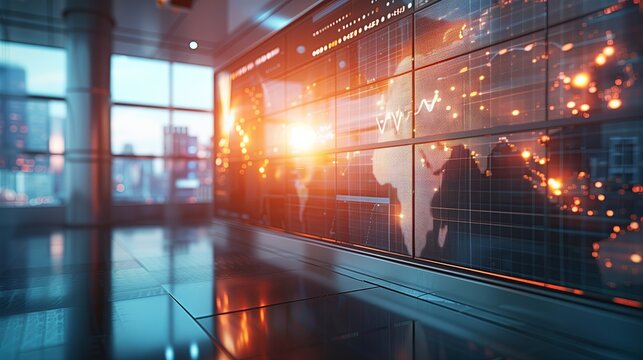 Data center with large display showing financial statistics and city view during sunset in a modern office - Powered by Adobe