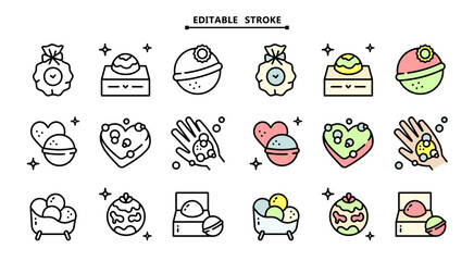 Bath salts bomb icons set. Editable stroke. Sparkling sea salt ball for aromatherapy and relaxation. Bath Bomb Packaging. Vector simple illustration from beauty concept.