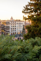 Festive view of Rome near the Spanish Steps framed by evergreen trees with a decorated Christmas tree below. Warm winter light, holiday atmosphere, city break tourism and European urban lifestyle