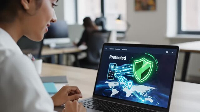 Young woman activatings virtual private network on laptop, securing her online browsing and digital data privacy while working.