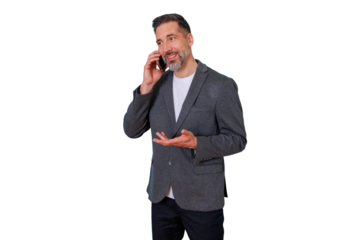Mature man in a suit jacket holding a smartphone to his ear, engaging in a friendly conversation, gesturing, transparent background