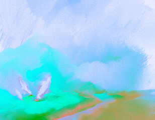 Impressionistic Seascape of 3 Sailboats Near the Shoreline Under Puffy Billowing Clouds in Sky Above - Digital Design, Art, Painting, Illustration, Artwork-In Aqua, Blue, Coral & Green