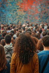 Crowd viewing colorful art display in urban area during daylight hours in a public event