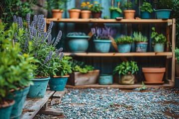 Beautiful garden shelf with pots of flowers and plants arranged on wood in a backyard during daylight