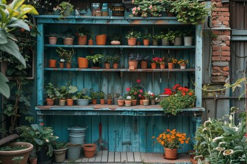 Colorful plants arranged on wooden shelves in an outdoor garden space in the afternoon light