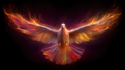A bird with vivid flames for feathers flies through the air. The colors blend from orange to red to yellow creating a striking effect. The background is dark highlighting the bird's form.