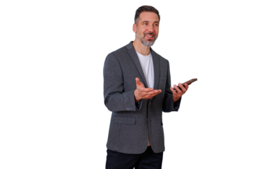 Smiling businessman presenting or discussing, holding a smartphone, wearing a blazer, with a transparent background