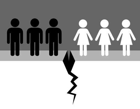 Men and women being divided and separated by crack and gap. Separation and division between male and female sex and gender. Vector illustration. 