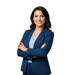 Professional woman confidently poses with arms crossed in a business suit transparent background