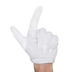 Man in cloth glove on white background, closeup