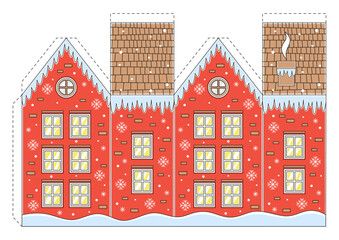 Paper Christmas house, game for kids. Cut and glue. Papercraft, preschool worksheet activity.