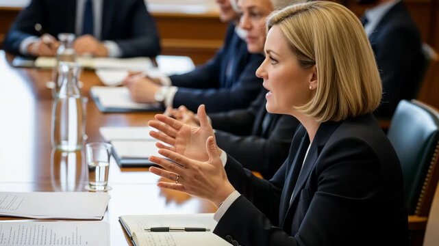 Serious meeting with officials reviewing plans and proposals carefully