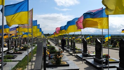 Mourning man go among countless graves of ukrainian soldiers with national flags at military cemetery in Kharkiv. Scene reflects personal sorrow and nation collective loss caused by russian aggression