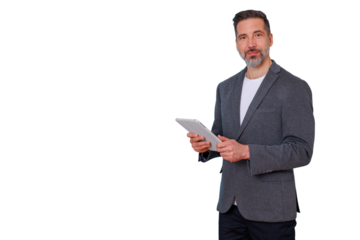 Businessman using a digital tablet for work or communication, representing modern connectivity and professional competence, isolated