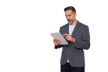 Mature businessman working on digital tablet, using tech for communication and data analysis, transparent background