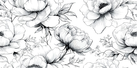 Hand-drawn black and white seamless pattern featuring detailed rose and peony outline sketches for design, fabrics, packaging, or custom stationery © Eli Berr