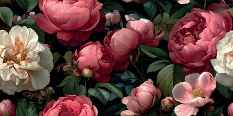 Lush painterly seamless pattern of deep magenta, blush pink, and creamy white peonies on a dark background for luxurious fabrics, wallpapers, or elegant packaging © Eli Berr