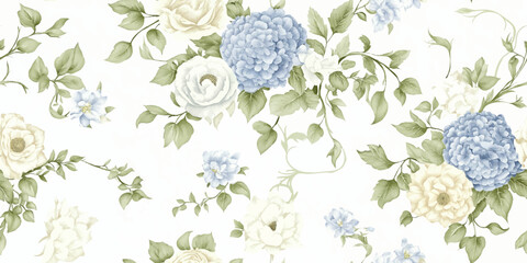 Delicate watercolor seamless pattern featuring light blue hydrangeas and soft white roses for design, feminine fabrics, wrapping paper, or wedding stationery © Eli Berr