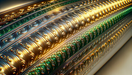 Golden and green metallic bands with swirling embossed patterns reflect warm light creating an ornate and luxurious abstract design