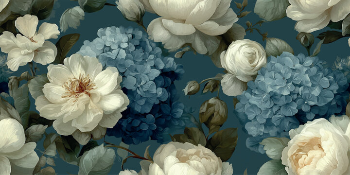Luxurious watercolor style seamless pattern of white roses and bold blue hydrangeas on a dark teal background for elegant textiles, wallpapers, or home decor