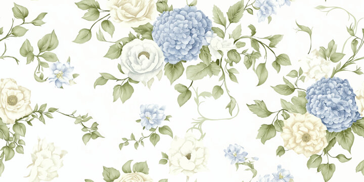 Delicate watercolor seamless pattern featuring light blue hydrangeas and soft white roses for design, feminine fabrics, wrapping paper, or wedding stationery
