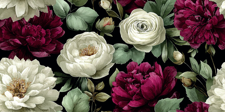 Dramatic seamless pattern of white peonies and deep crimson ranunculus with sage foliage on a black background for luxury textiles, packaging, or wallpapers