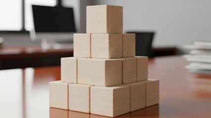 Strategy building wooden cubes forming simple pyramid concept