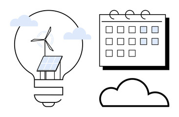 Solar panel and wind turbine inside a lightbulb surrounded by clouds, next to a calendar and cloud illustration. Ideal for sustainability, renewable energy, innovation, planning, future, environment